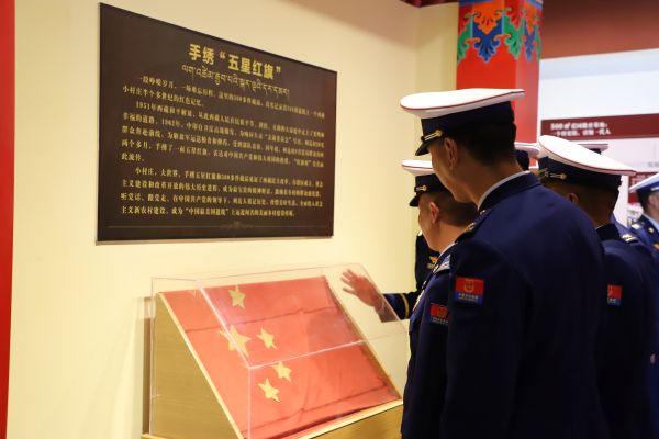 指战员围绕手工绣制的五星红旗展开交流.JPG