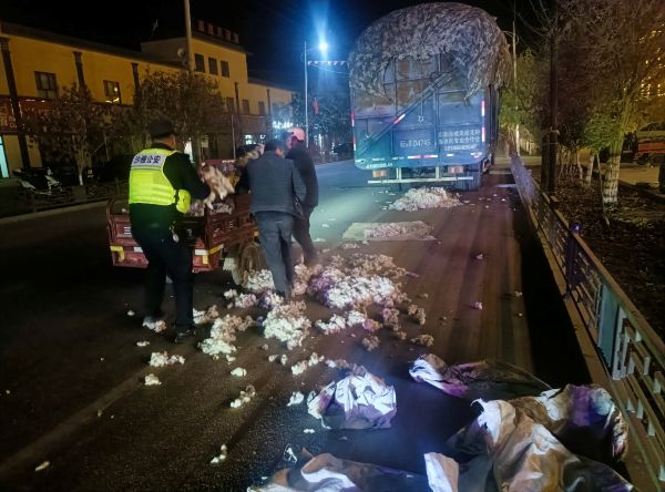 民警帮助司机师傅一同捡起掉落的棉花，挽回司机损失.jpg