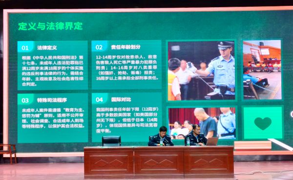 11121762949098322761.jpg 讲座现场,民警通过PPT课件展示“定义与法律界定”等核心内容,结合案例图示,深入浅出地讲解未成年人保护、校园欺凌界定等法律知识,让抽象的法律条文更直观易懂.jpg